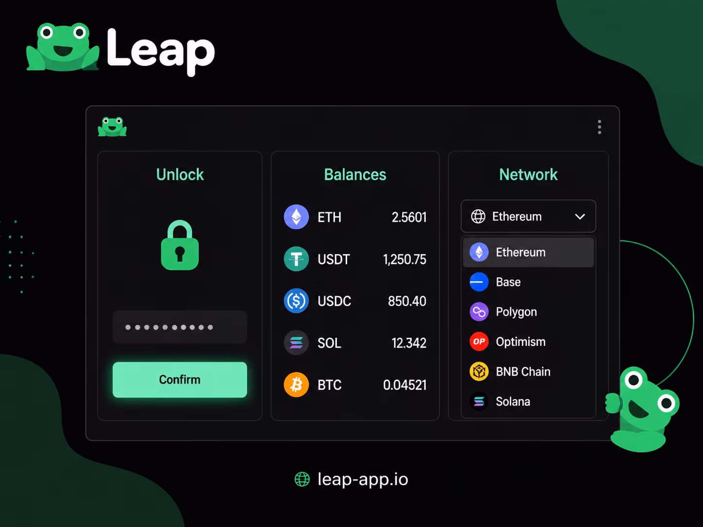 Leap Wallet extension interface showing unlock screen balances and network selector