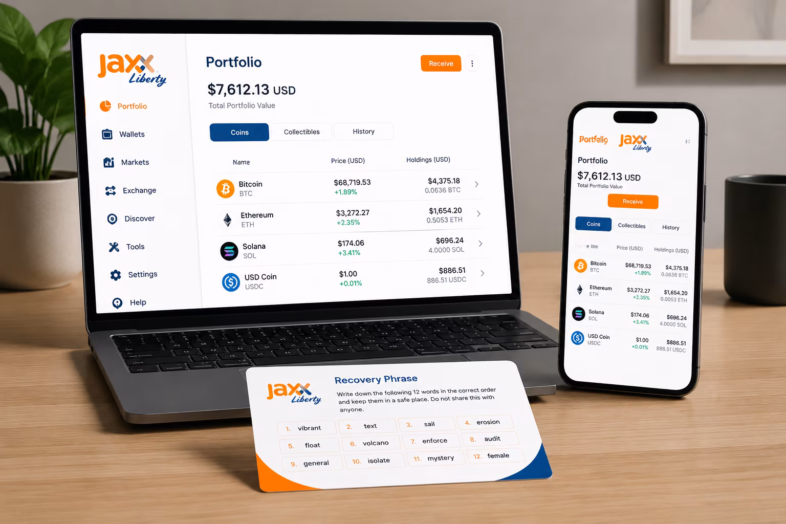 Jaxx Liberty wallet interface showing balances and token portfolio