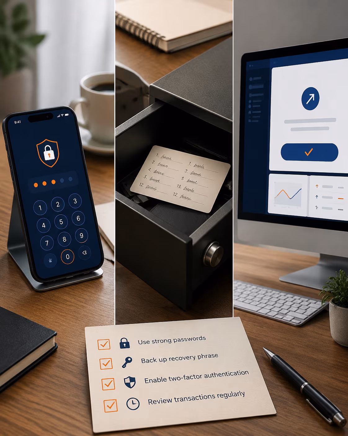 Secure crypto wallet setup with offline seed phrase and transaction verification