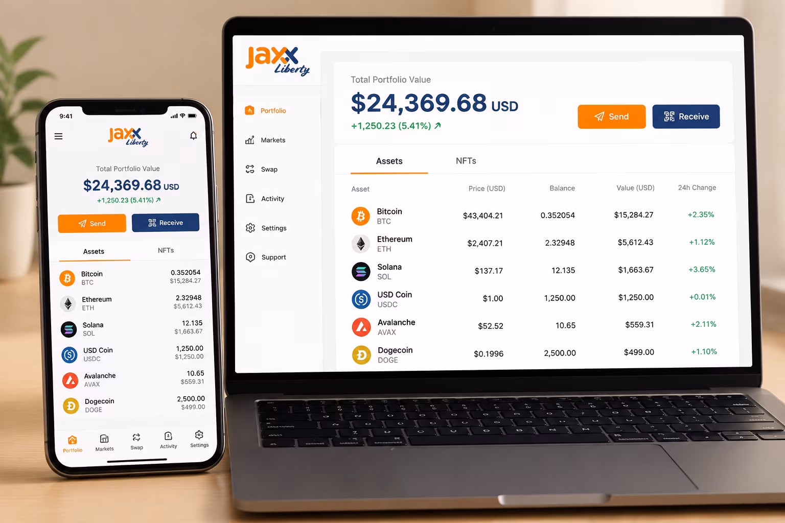 Jaxx Liberty dashboard showing portfolio value and beginner-friendly interface
