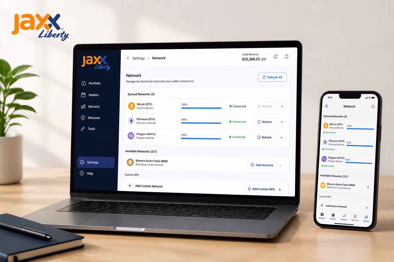 Jaxx Liberty wallet sync status and network settings refresh indicators