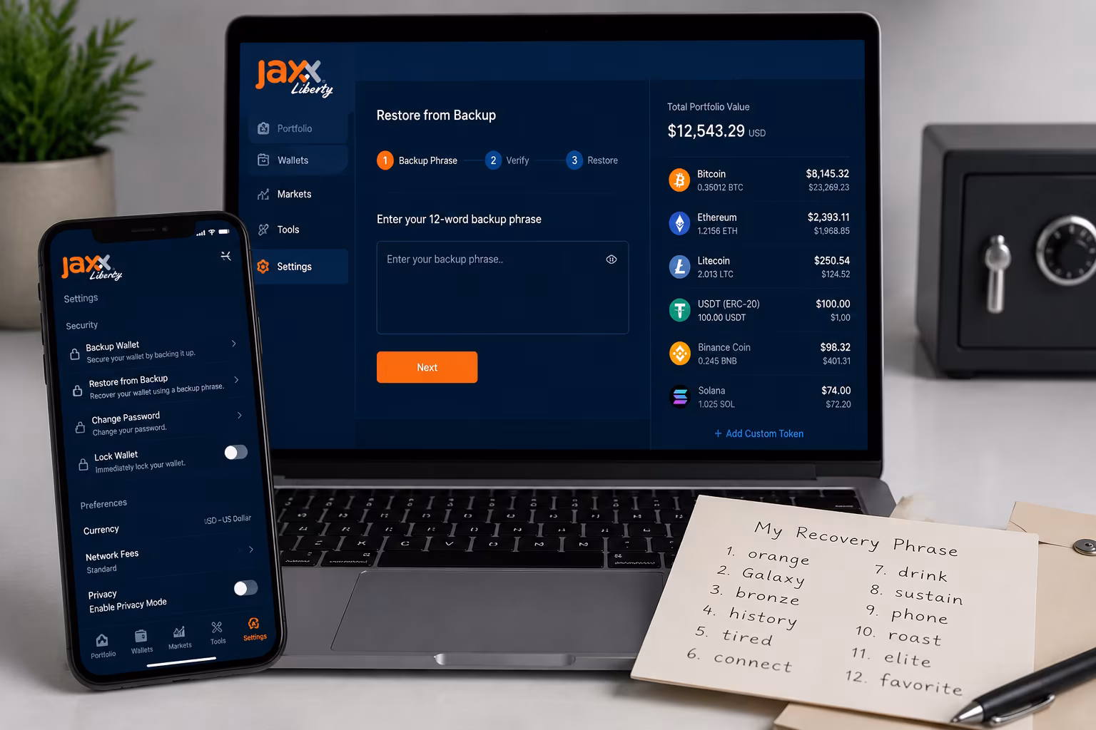 Jaxx Liberty dashboard showing loading spinner network and settings panel