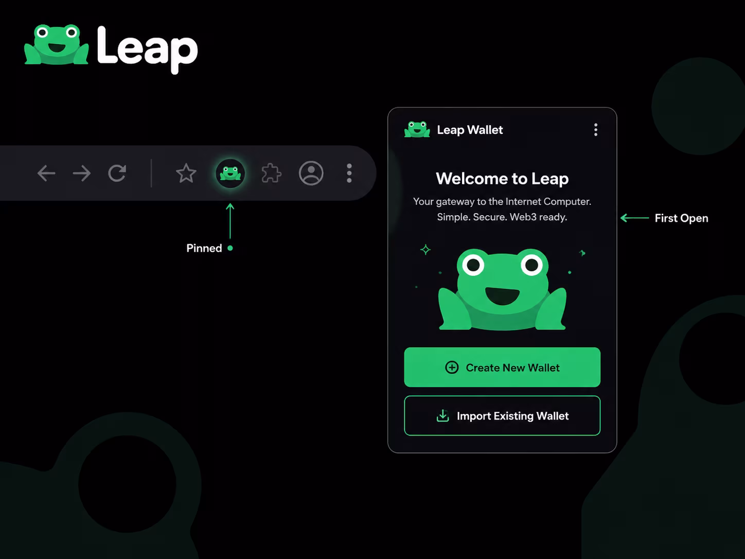 Browser toolbar showing pinned Leap Wallet extension first-open screen