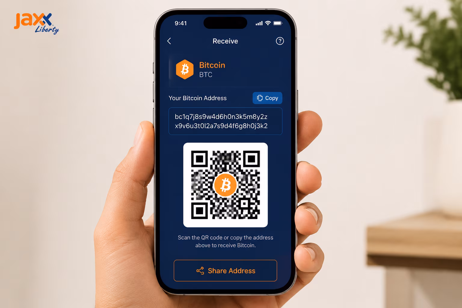 Bitcoin receive screen showing address QR code and copy button