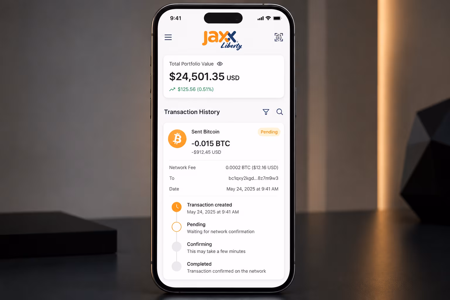 Jaxx Liberty mobile send Bitcoin screen with confirmation button