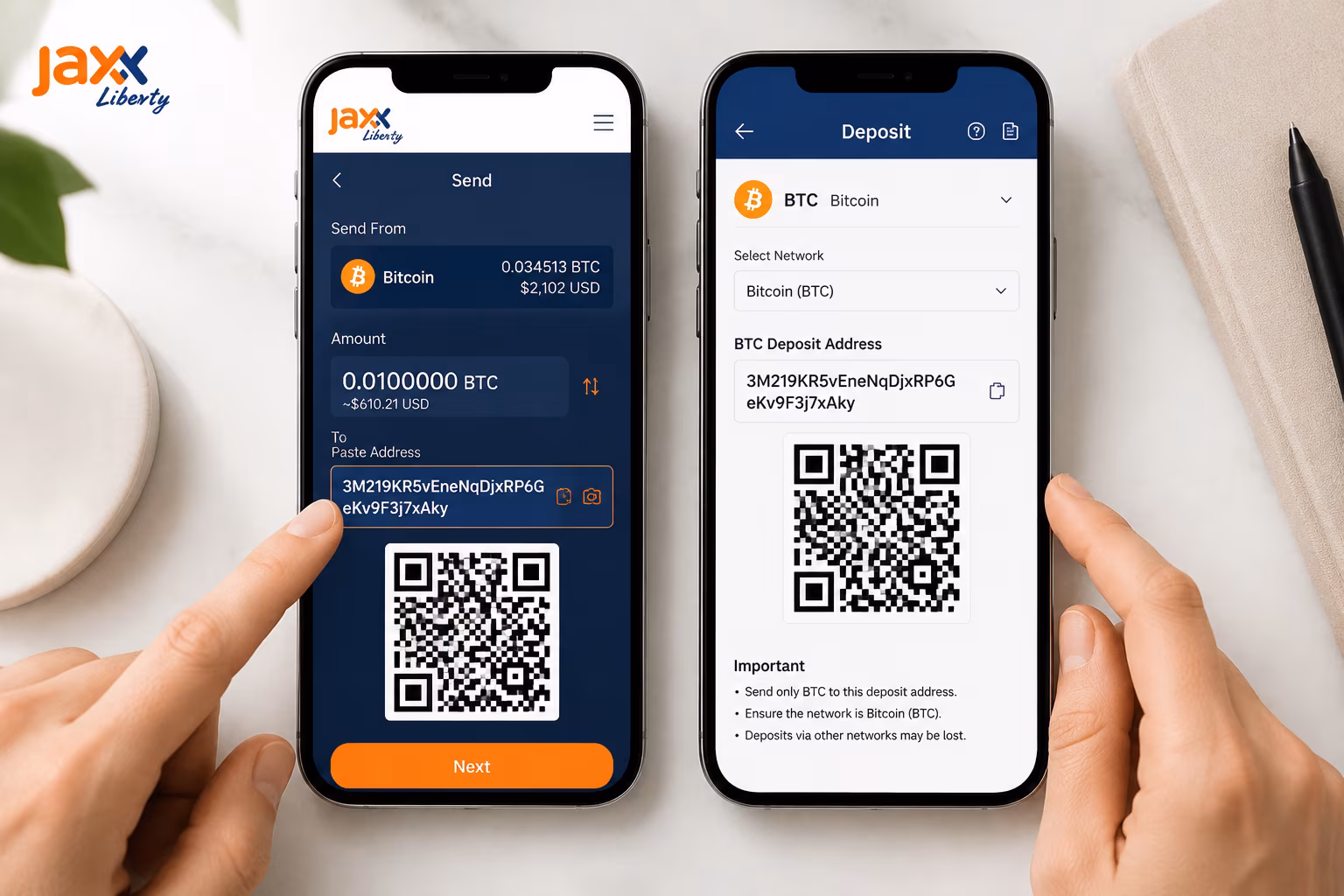 Send screen and exchange deposit address comparison with QR review