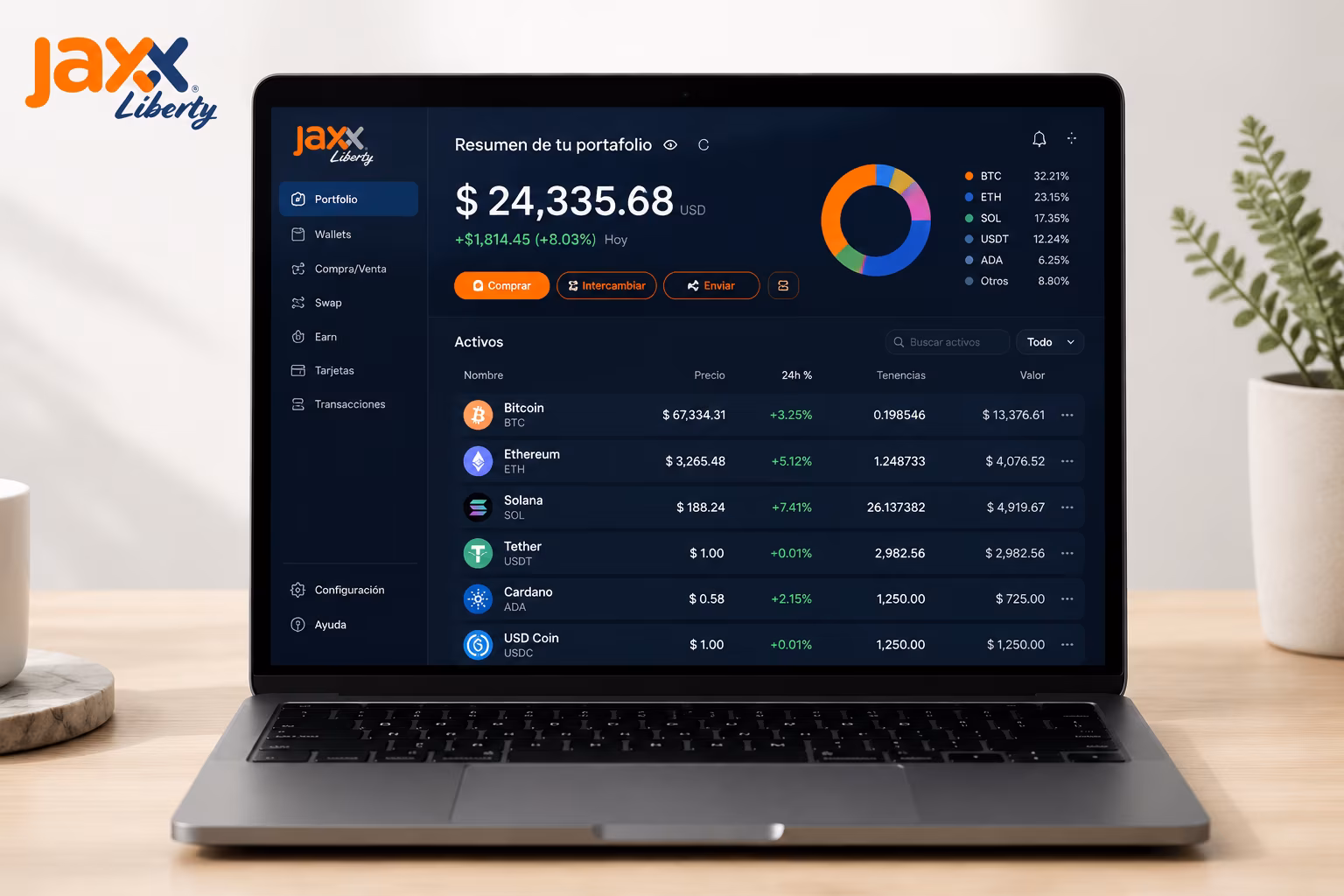 Jaxx Liberty dashboard showing portfolio asset list and navigation