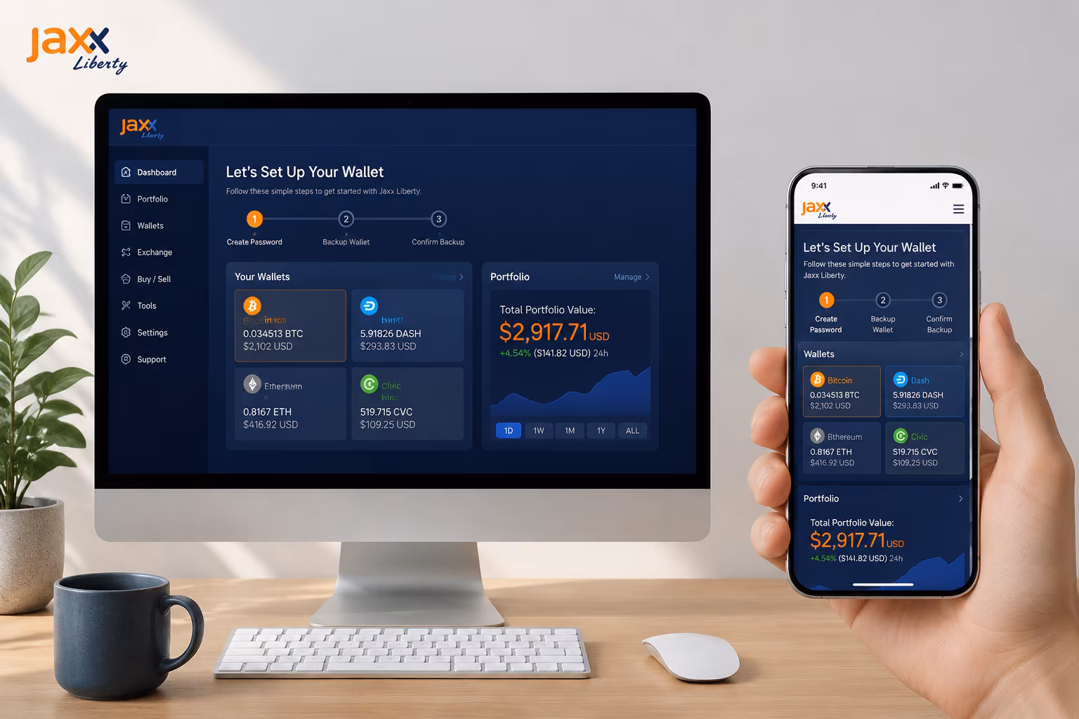 Desktop and mobile Jaxx Liberty wallet setup interfaces side by side