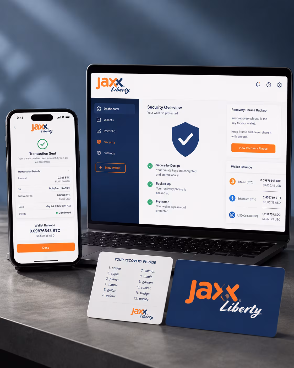 Jaxx Liberty wallet security dashboard showing shield backup and verification
