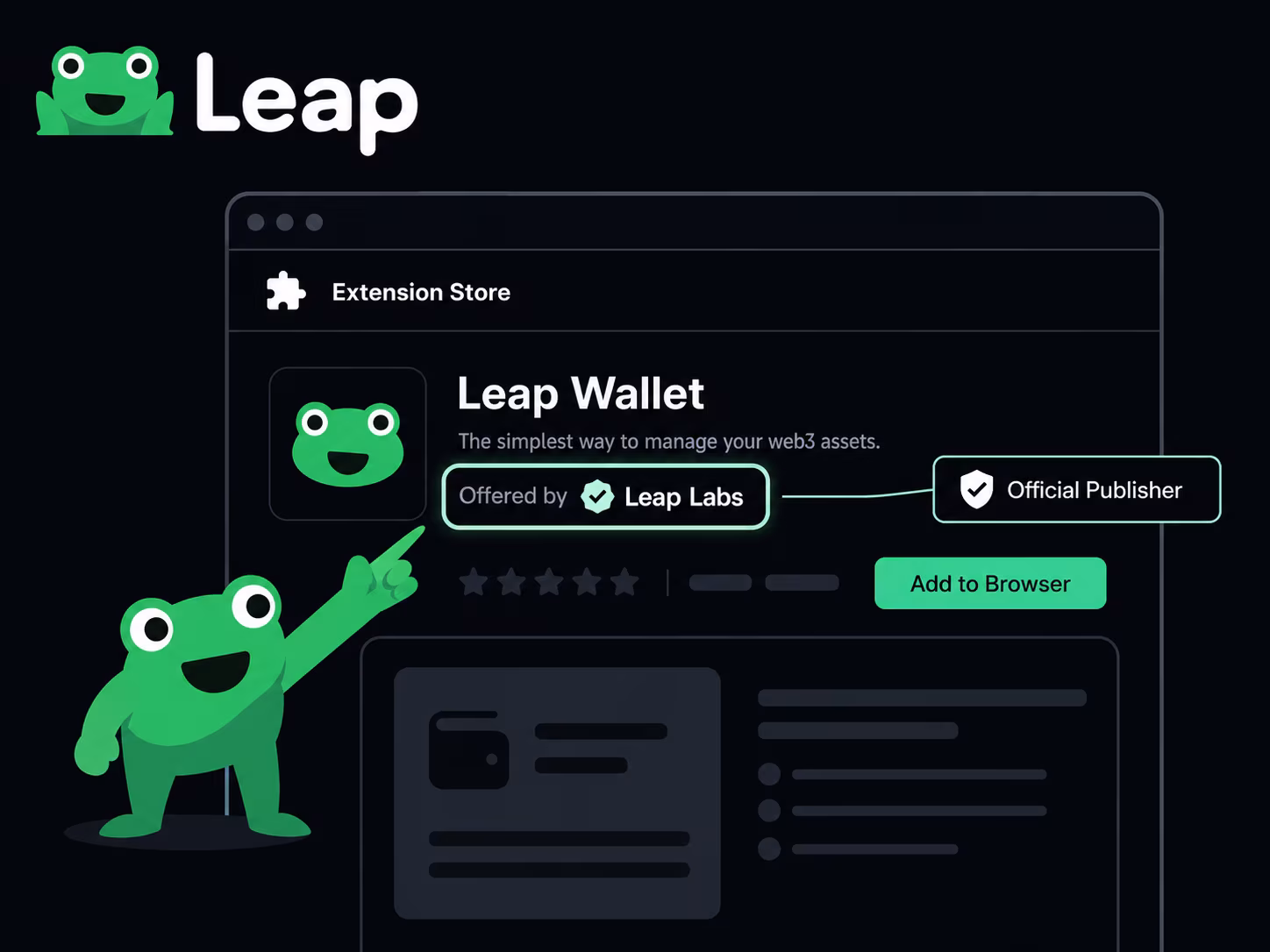 Browser store listing highlighting official Leap Wallet extension publisher verification