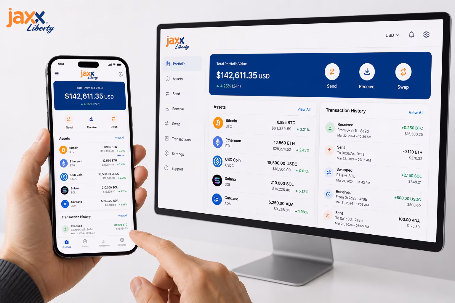 Jaxx Liberty wallet dashboard on desktop and mobile devices