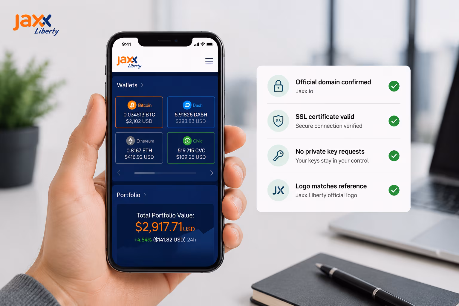 Visual checklist for verifying official Jaxx wallet website authenticity