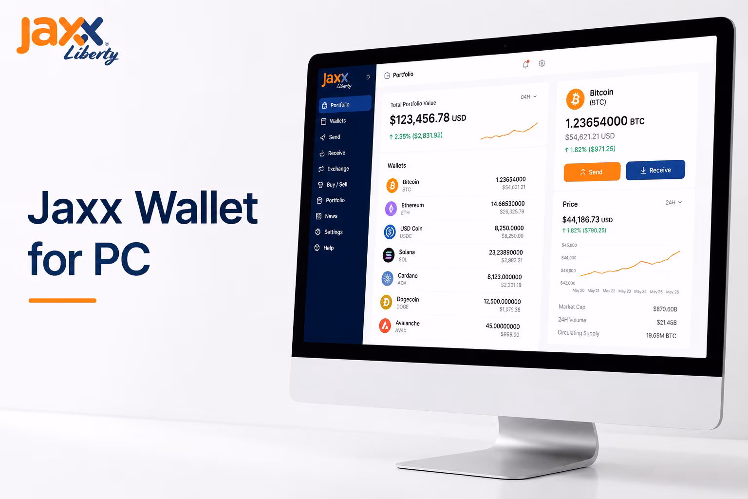 Desktop wallet workspace showing portfolio panels and asset controls