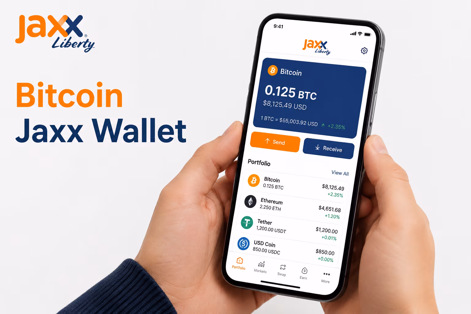 Jaxx Liberty wallet dashboard showing Bitcoin balance send receive portfolio