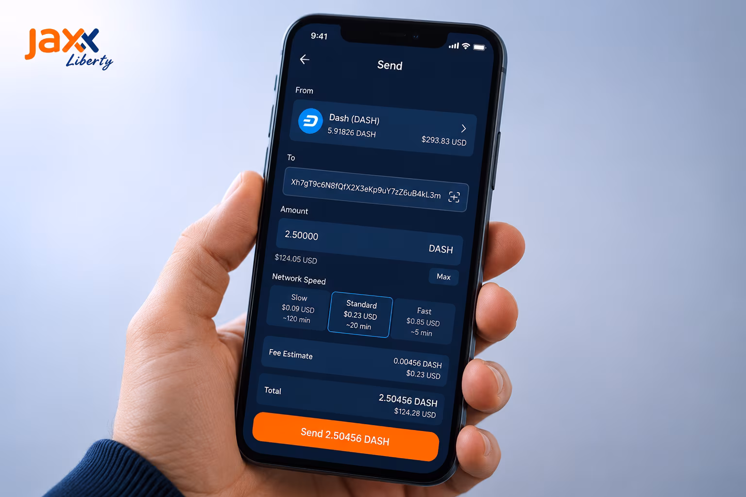 Jaxx Liberty send screen showing fee estimate and total amount