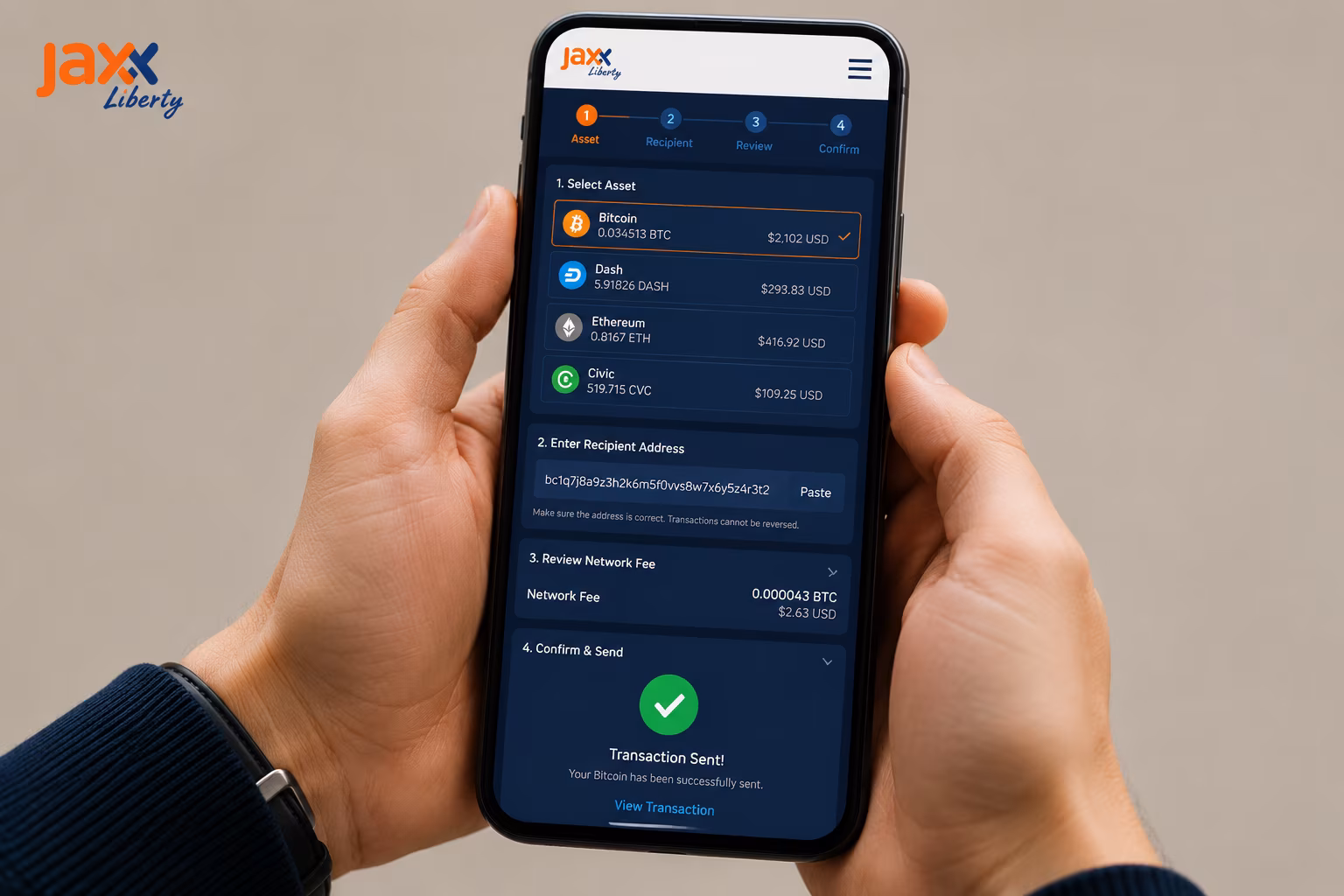 Jaxx Liberty send flow showing asset selection fee review confirmation