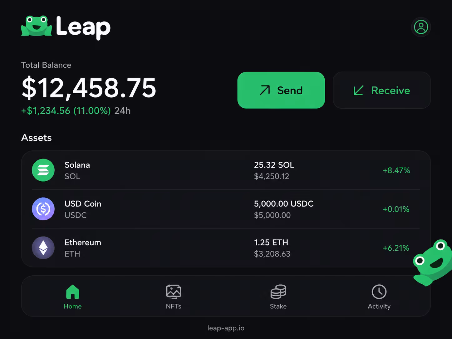Leap Wallet mobile home screen with portfolio and navigation
