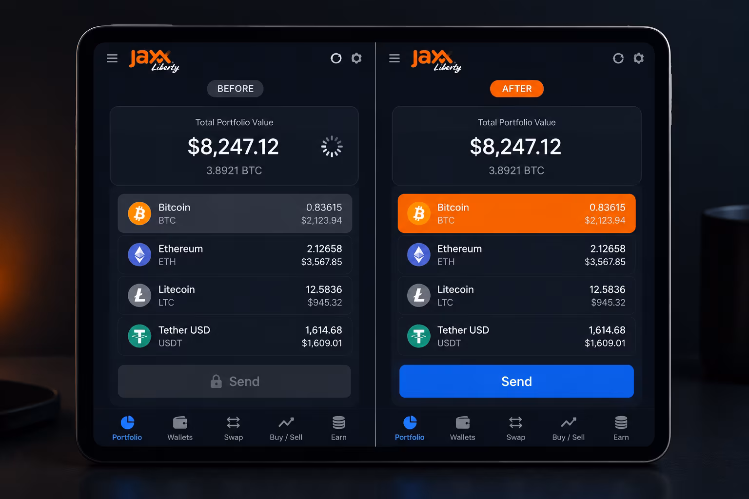 Jaxx Liberty wallet screen showing disabled send button and sync issues