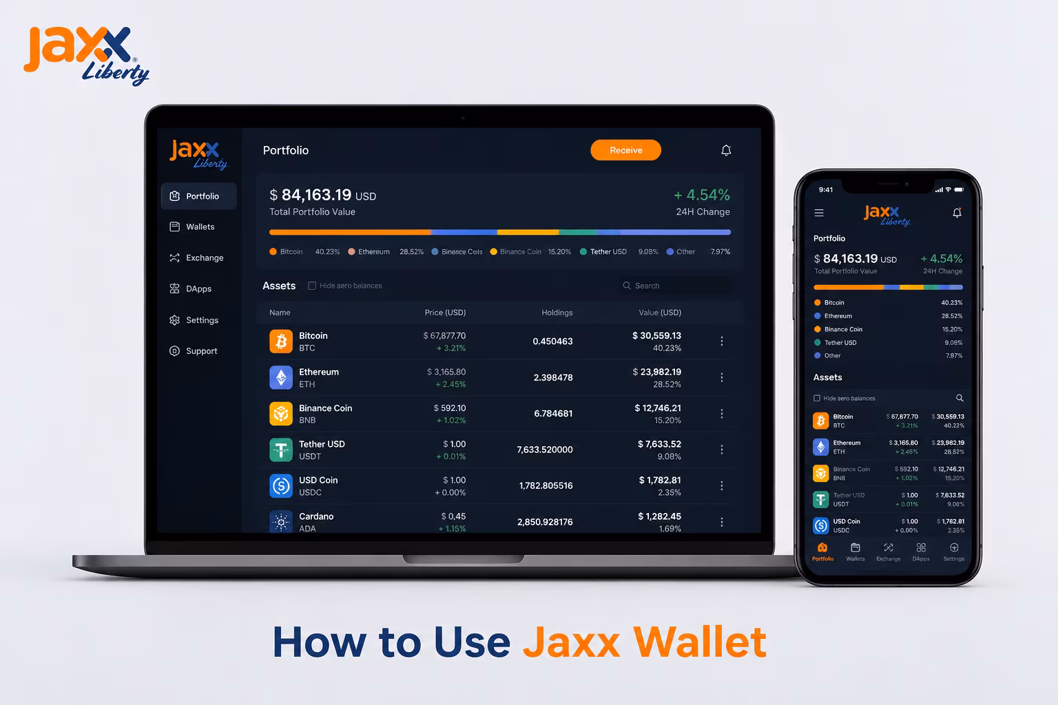 Jaxx Liberty dashboard showing asset list and portfolio on desktop and mobile