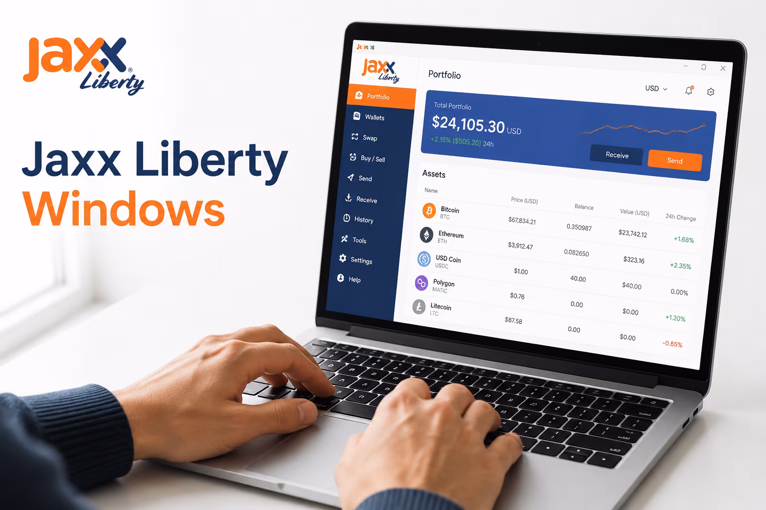 Jaxx Liberty Windows desktop dashboard with portfolio and asset controls