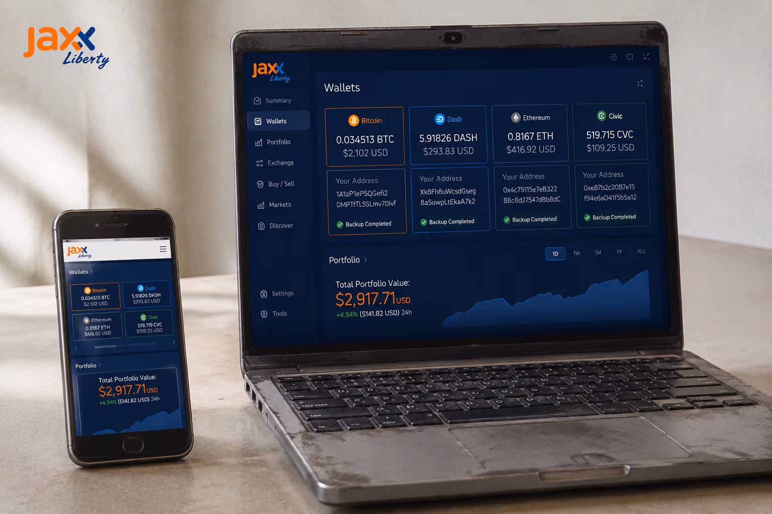 Old laptop and phone showing read-only wallet data for backup review
