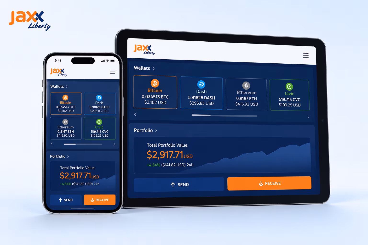 Jaxx Liberty dashboard showing balances supported assets send receive actions