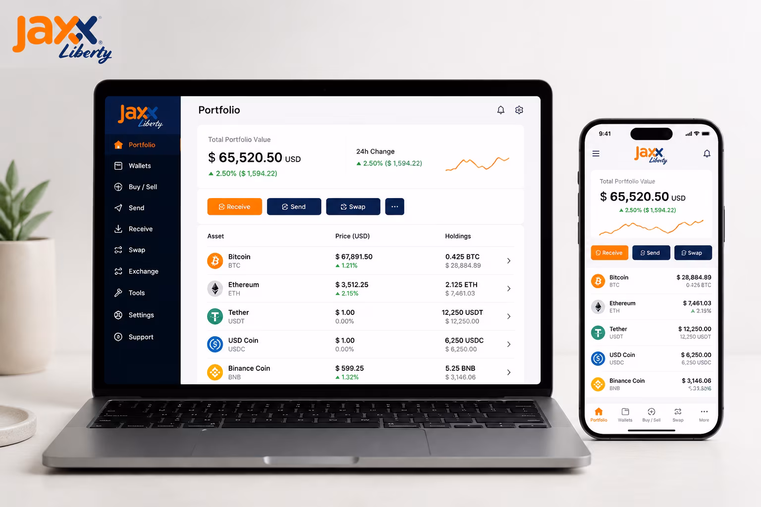 Jaxx Liberty dashboard and navigation shown on desktop and mobile