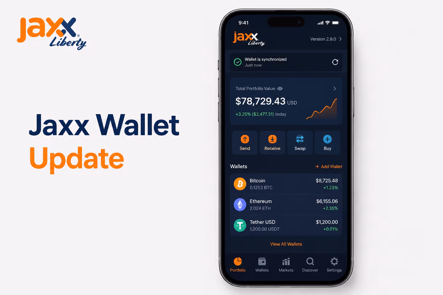 Updated Jaxx Liberty dashboard showing version screen and sync indicator