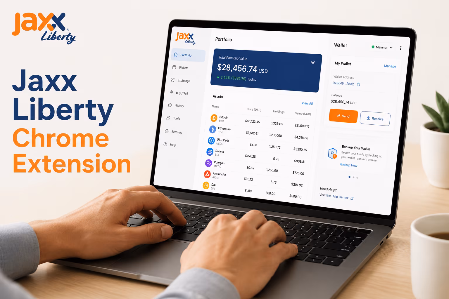 Browser wallet dashboard showing balances asset list and send-receive controls