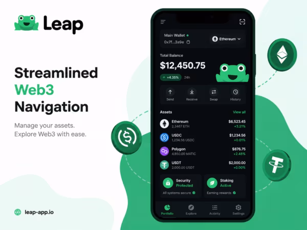 leap wallet app interface с тёмной навигацией и управлением активами