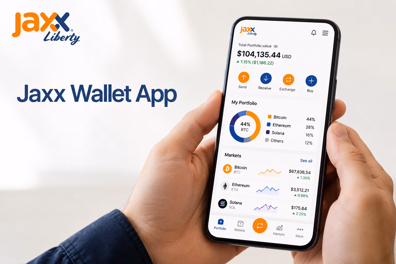 Jaxx Liberty wallet dashboard showing balances asset mix and navigation