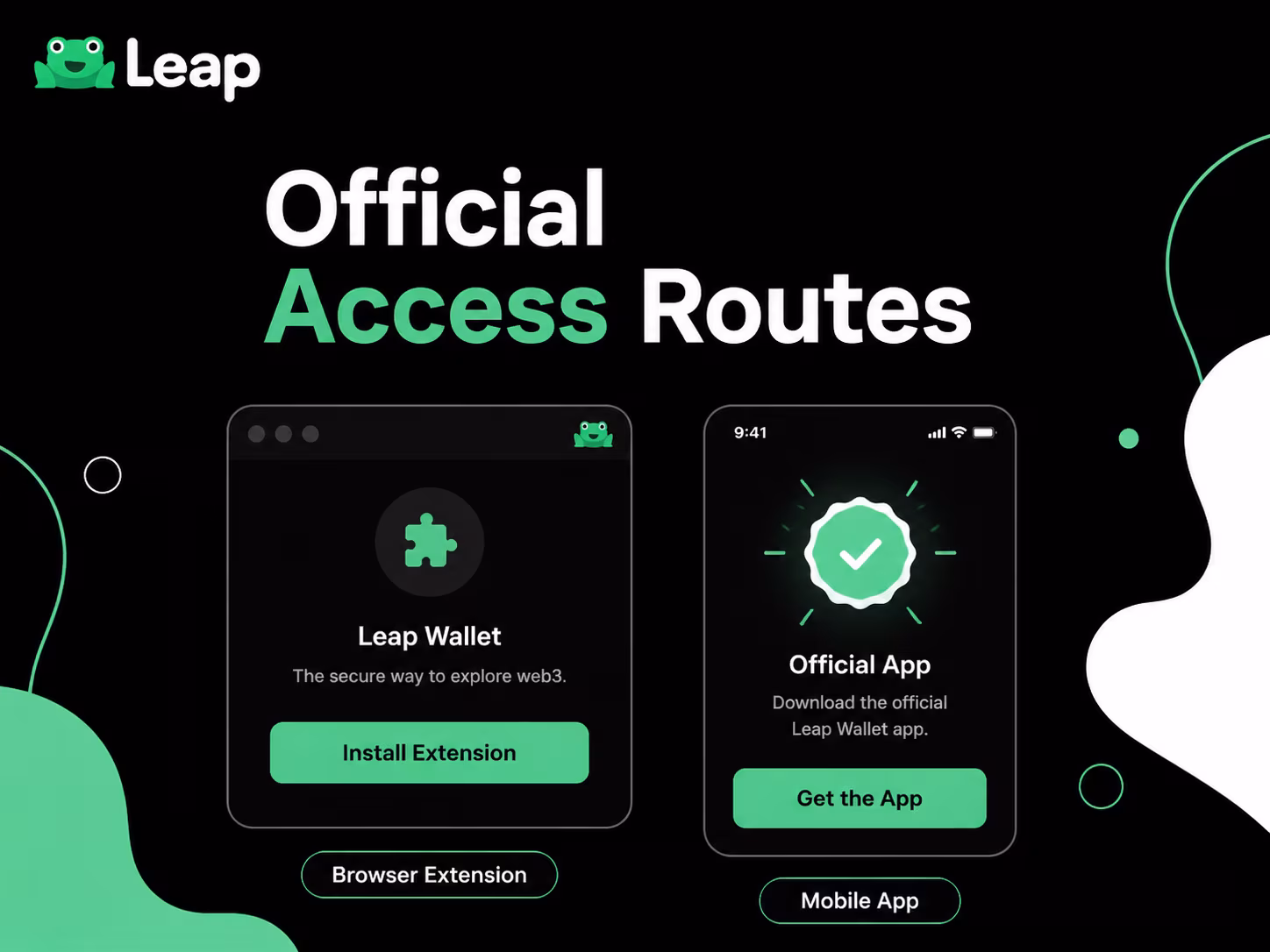 Official browser extension and mobile app onboarding routes for Leap Wallet