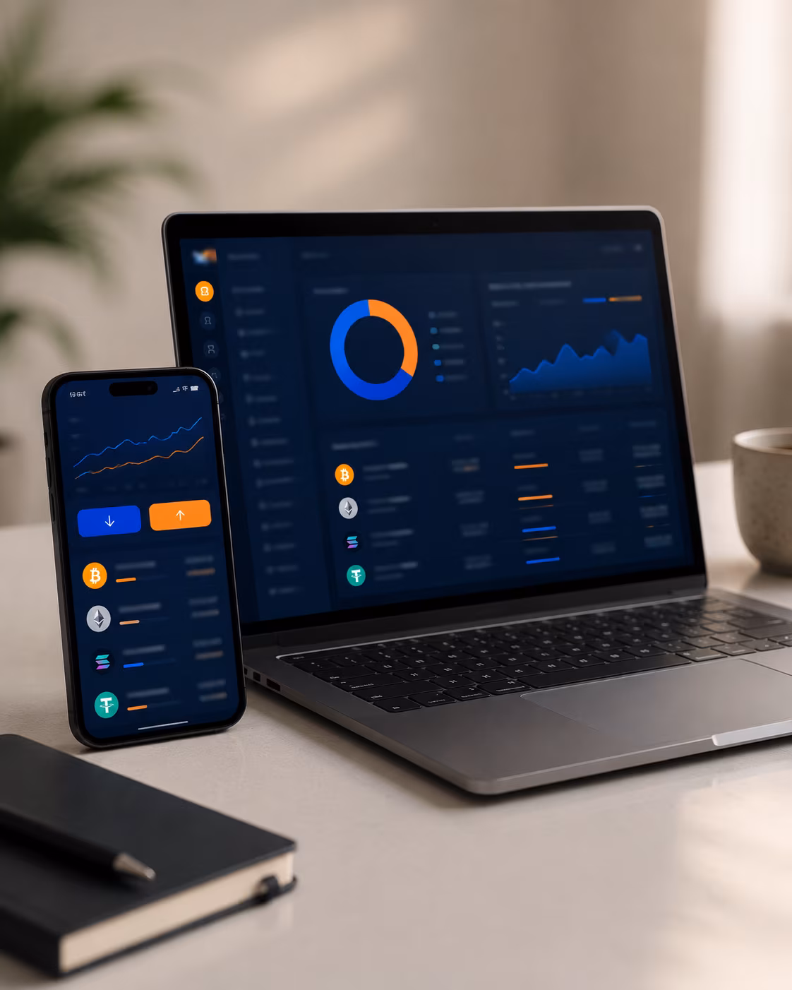 Cross-platform crypto wallet dashboard showing self-custody coin management