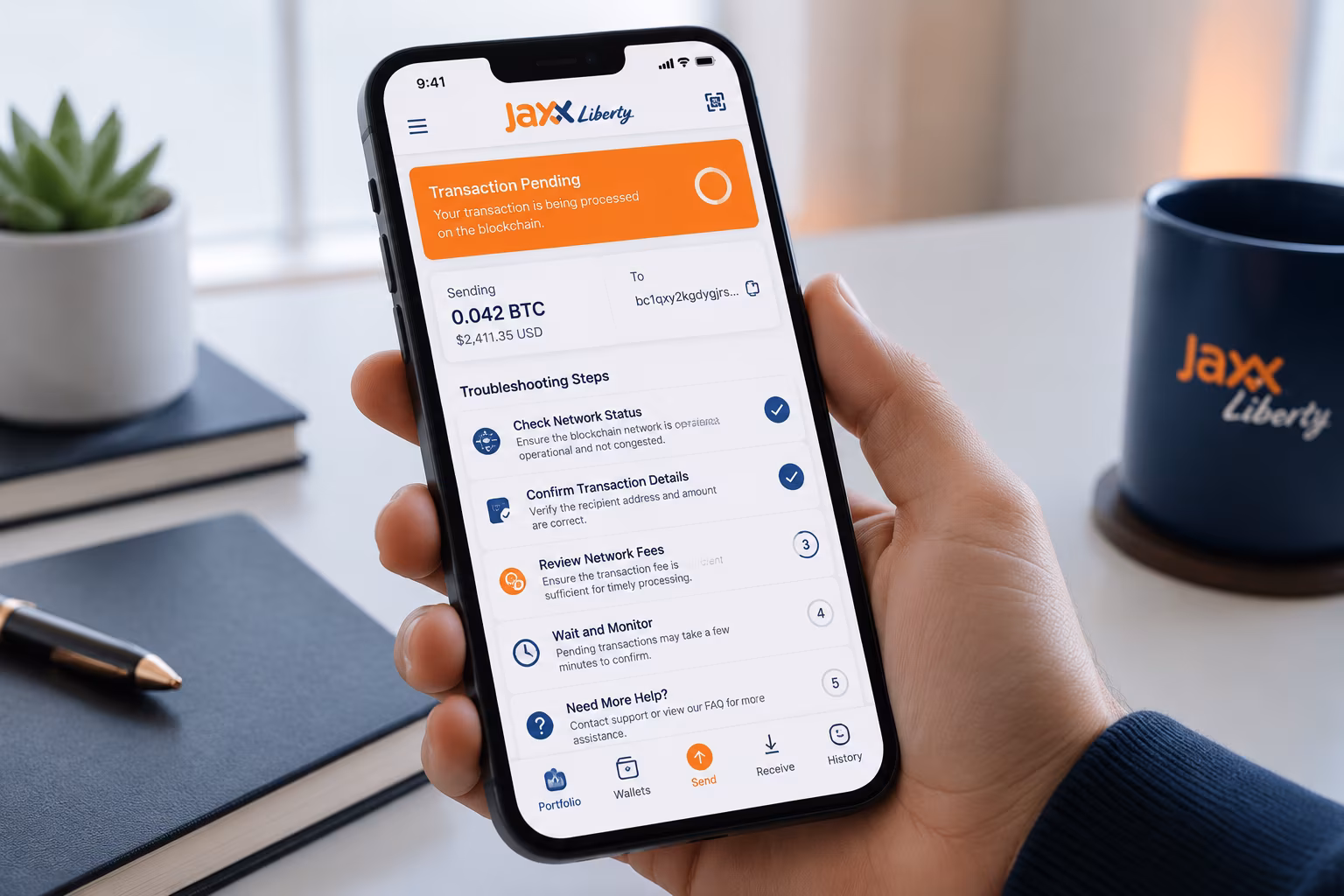 Jaxx Liberty app showing pending transaction and troubleshooting checklist on smartphone