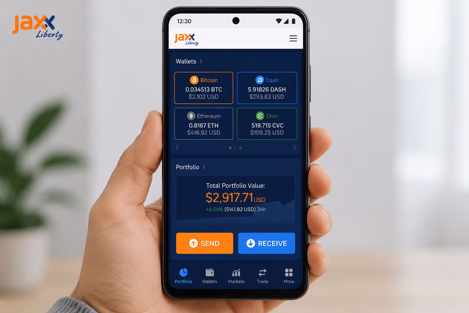 Android wallet screen showing portfolio send and receive navigation