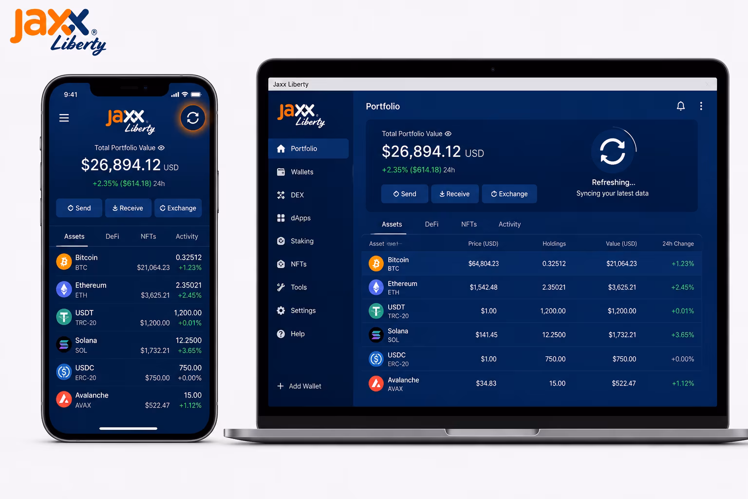 Restart and refresh actions shown on Jaxx Liberty wallet interfaces