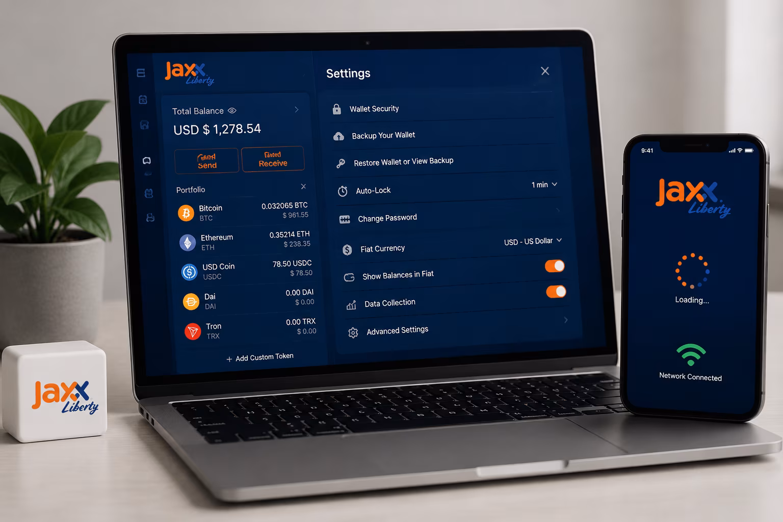 Jaxx Liberty dashboard showing loading spinner network and settings panel