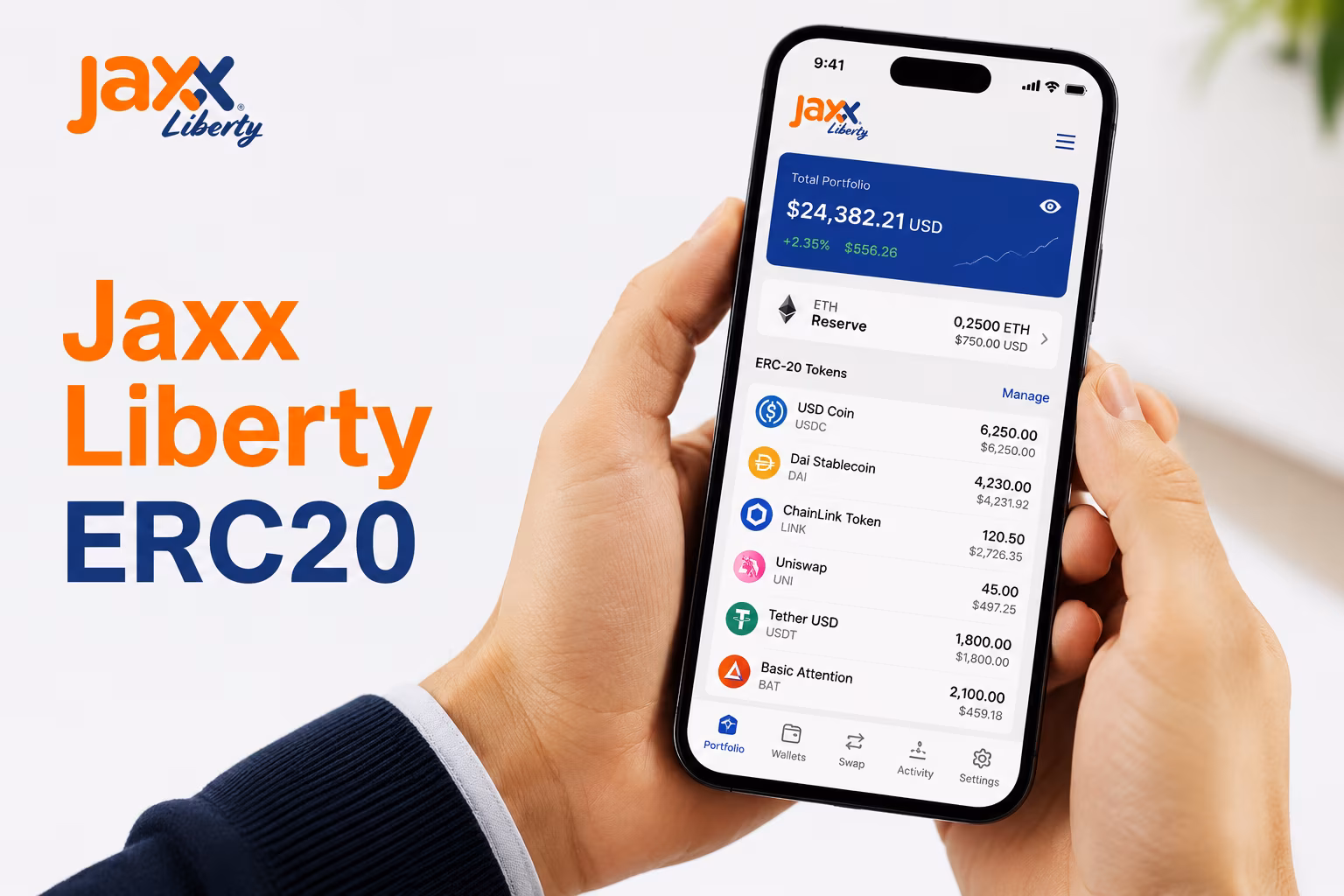 Wallet dashboard showing ERC-20 token list and ETH reserve balances