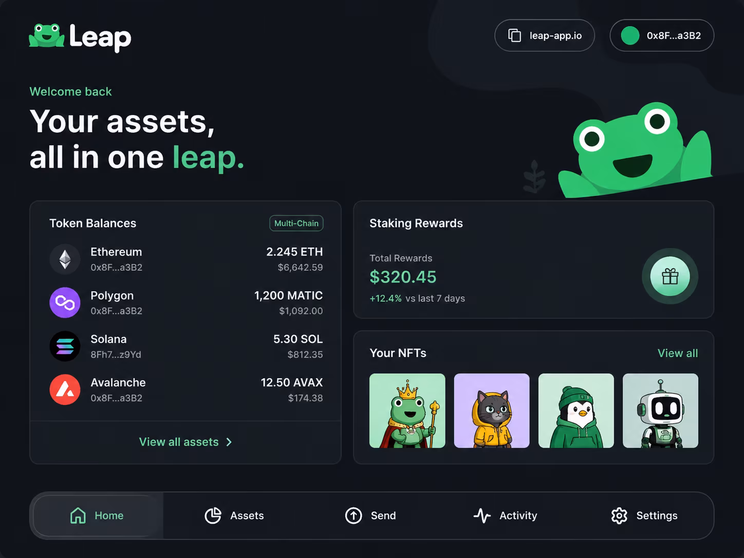 Leap Wallet home screen showing balances staking NFTs and navigation