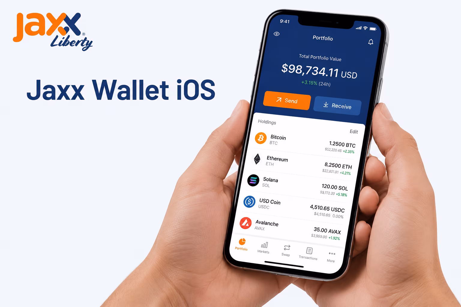 iPhone wallet screen showing balance send receive and portfolio navigation