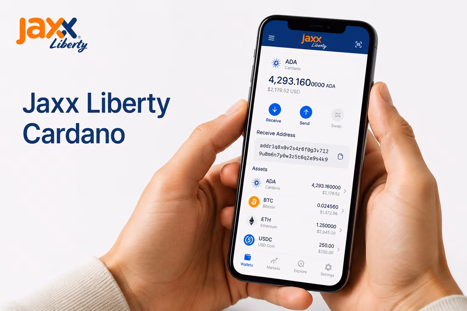 Jaxx Liberty wallet interface showing ADA balance and receive address