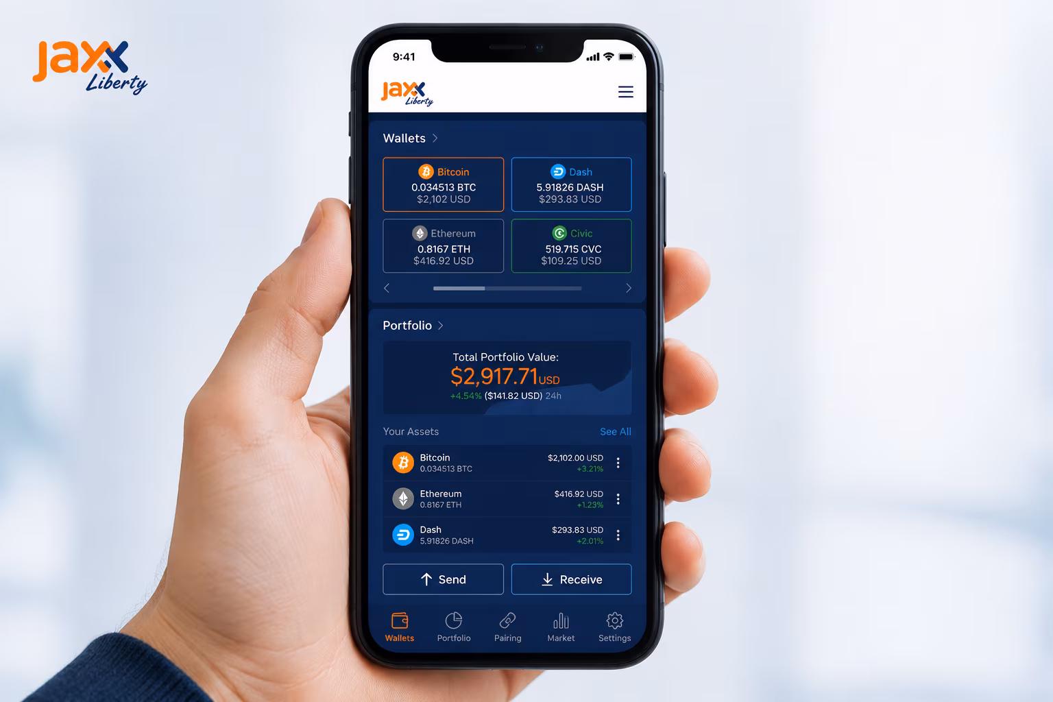 Jaxx Liberty wallet dashboard showing balances send receive and portfolio