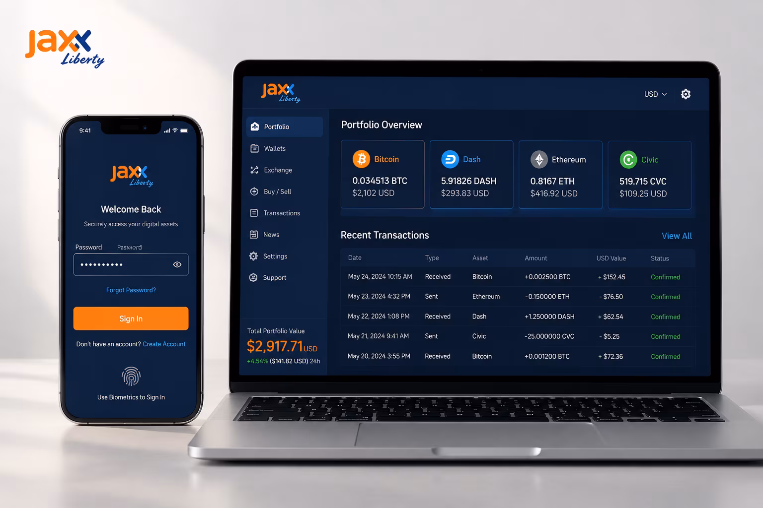 Wallet login screen and dashboard with balances and transaction history