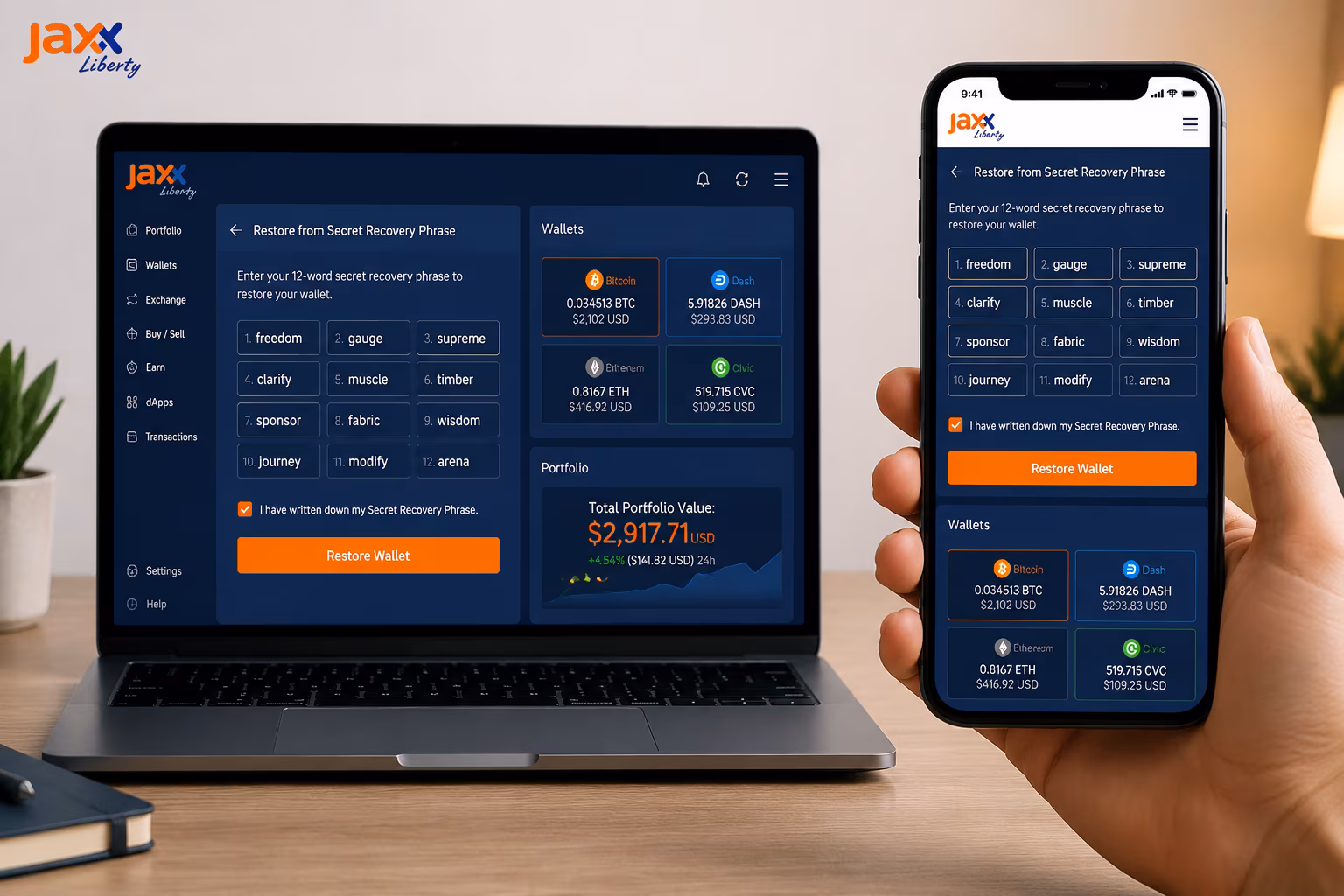 Restoring Jaxx Liberty wallet on desktop and mobile with phrase entry