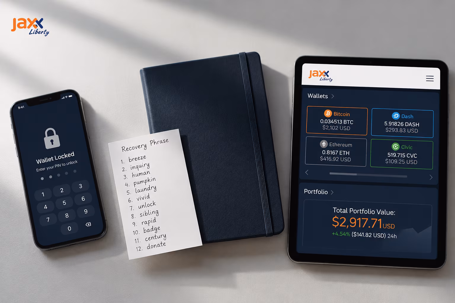 Locked device and offline recovery phrase secure password storage