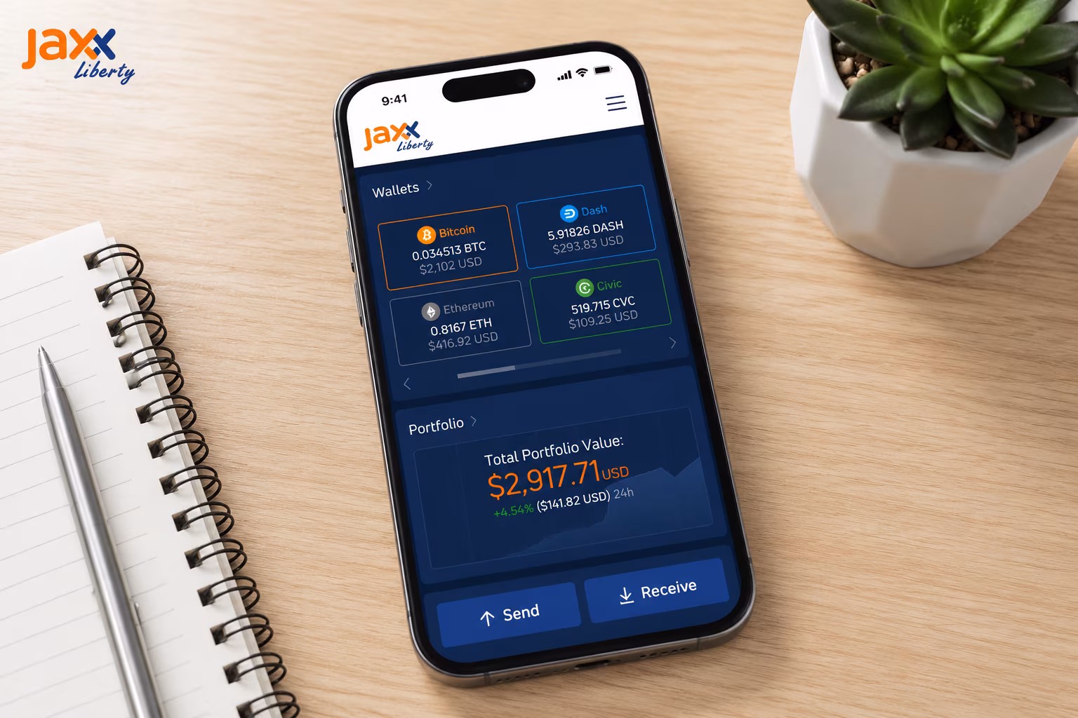 Jaxx Liberty wallet dashboard showing balances supported assets and transfers