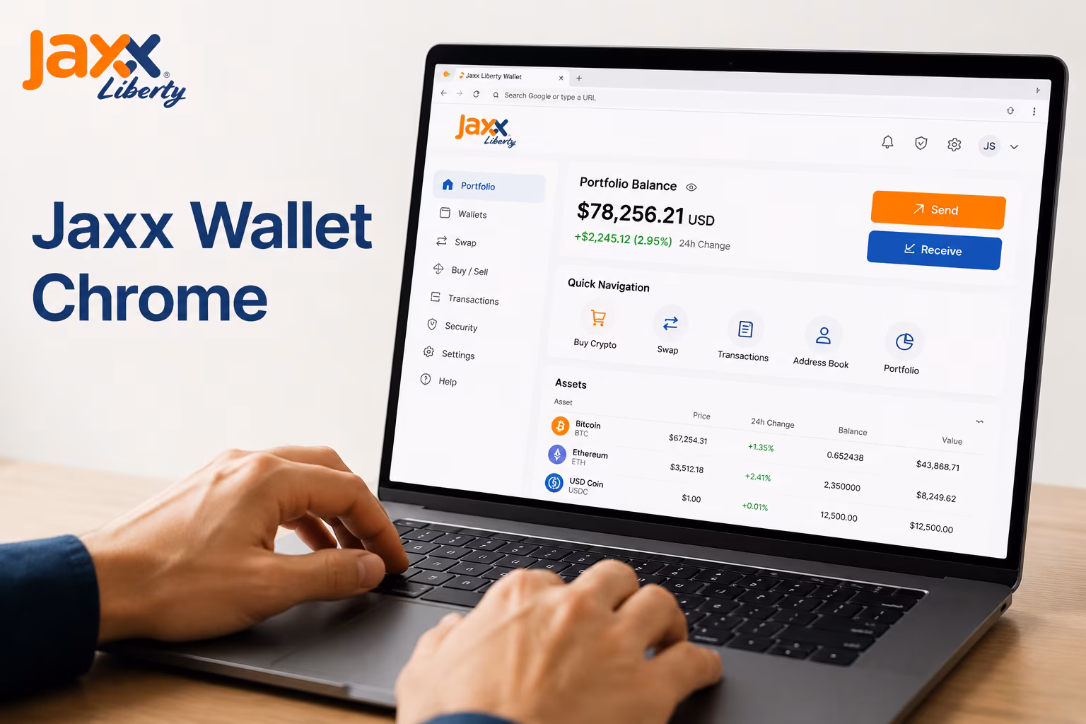 Browser-style wallet panel showing portfolio send receive navigation