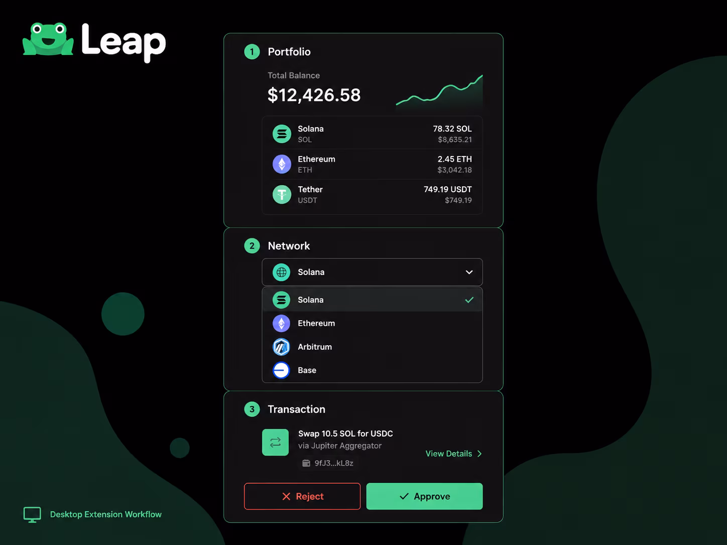 Leap Wallet browser extension showing portfolio network selector and transaction approval