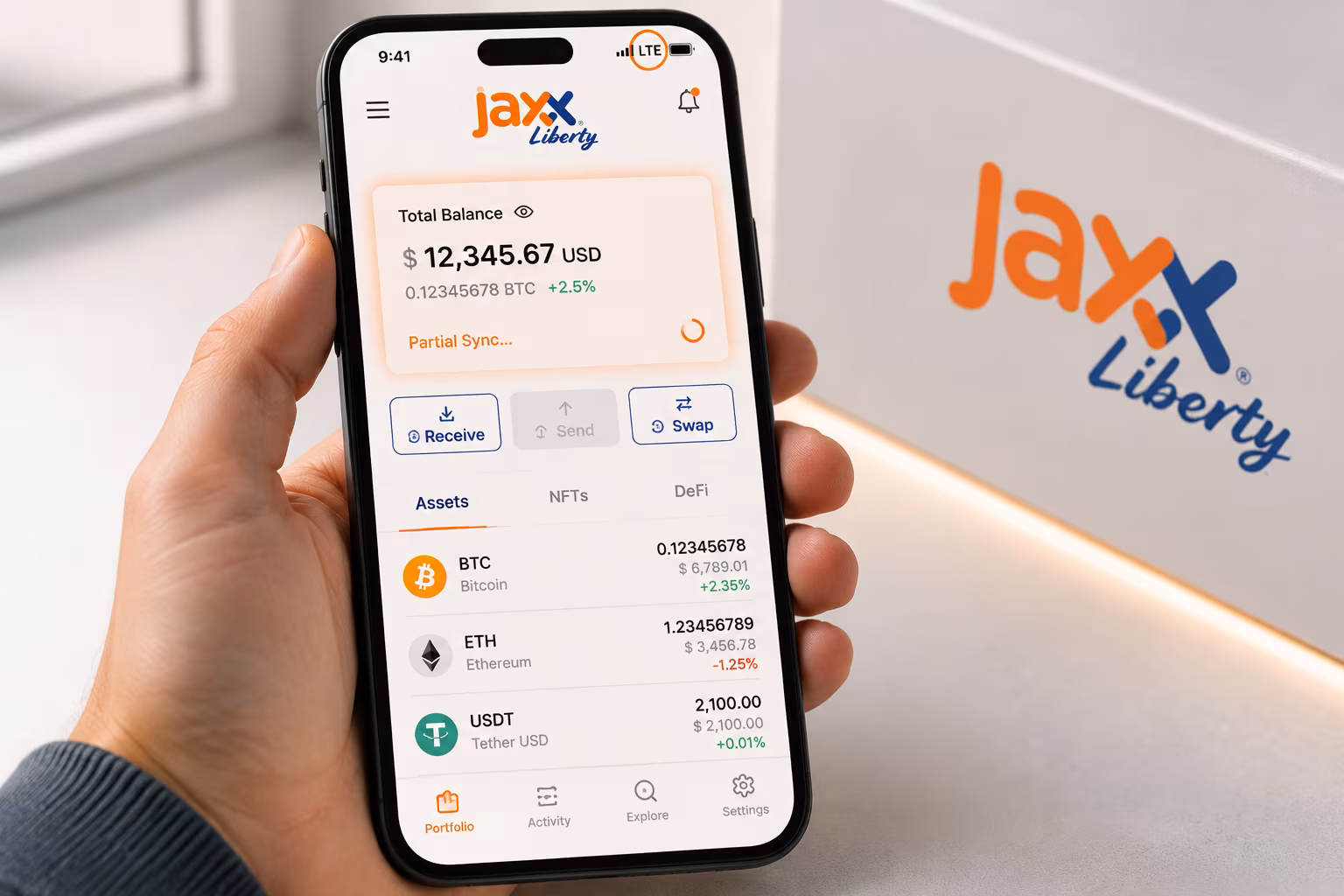 Jaxx Liberty wallet screen showing disabled send button and sync issues