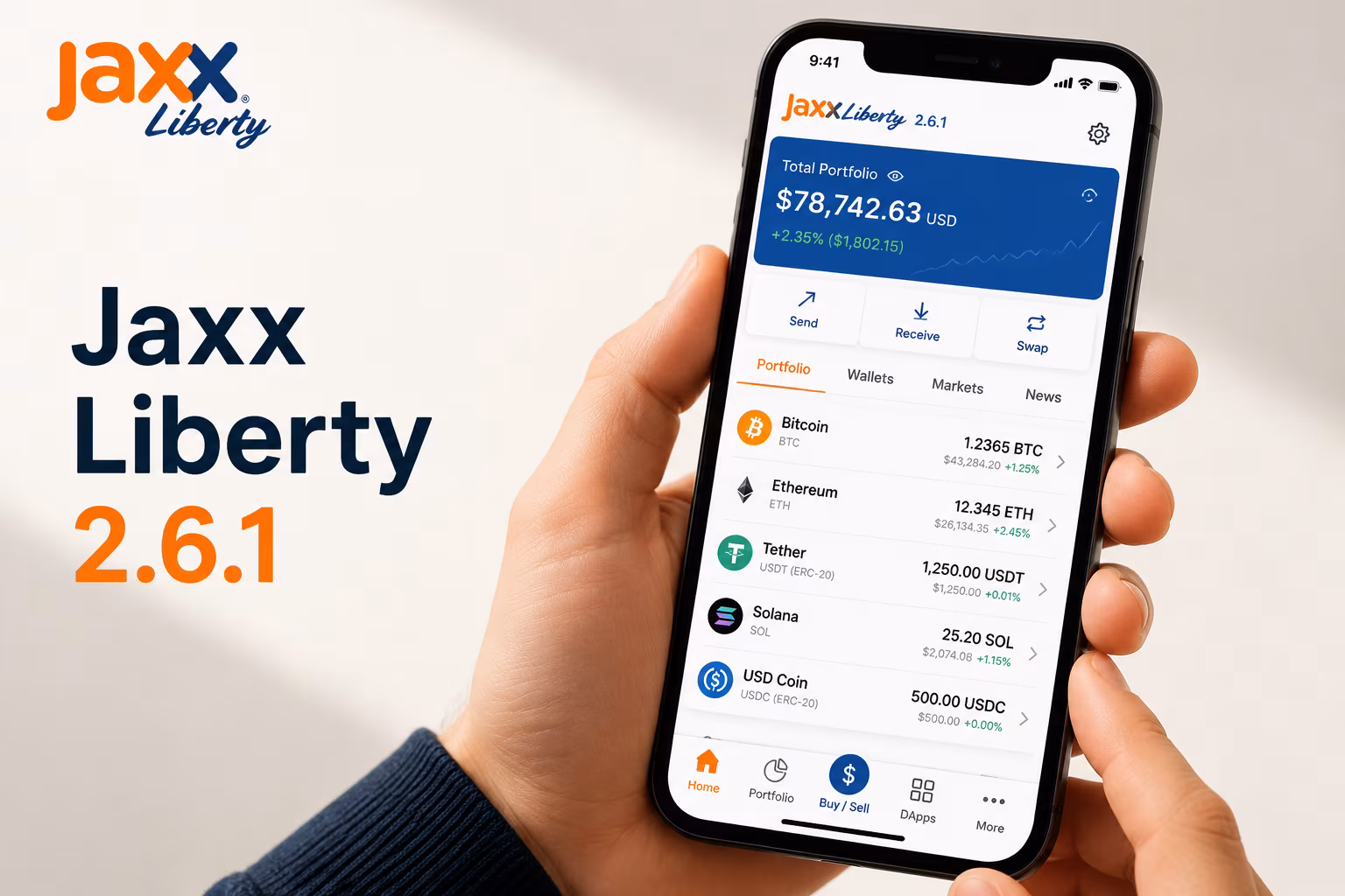 Jaxx Liberty 2.6.1 dashboard showing token list and navigation layout